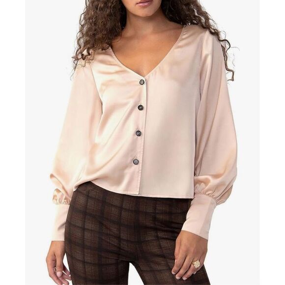 Sanctuary women’s L satin creamy golden button up deep V-neck extended cuff glam - Picture 2 of 8